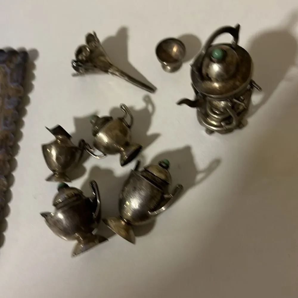 RARE -ANTIQUE STERLING SILVER Turquoise 9 Pieces Miniature Tea Set